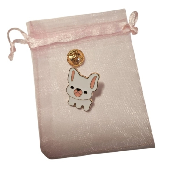 Handmade Crochet Floral Key chain Purple Dog Enamel Pin White Frenchie Puppy Pin - Picture 8 of 17